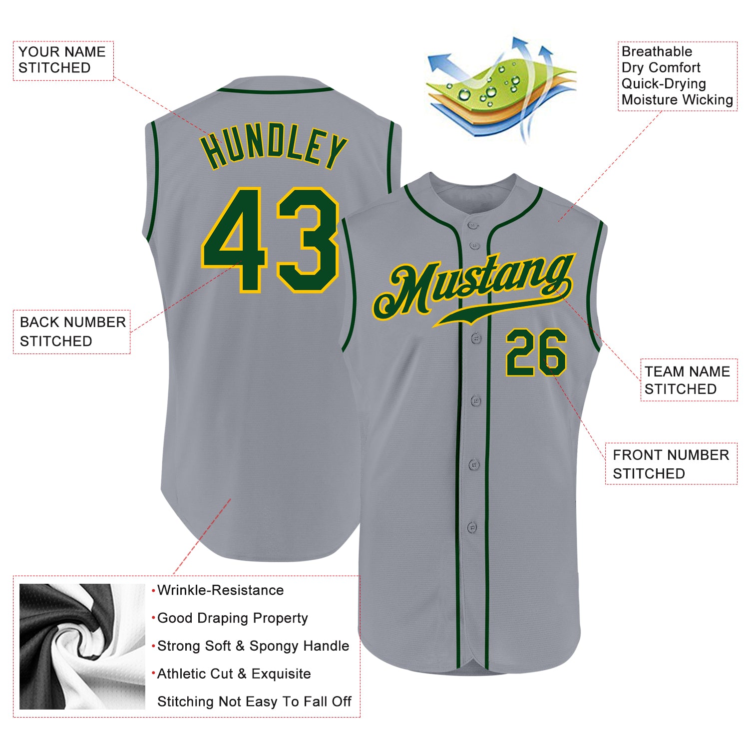 Custom Gray Green-Gold Authentic Sleeveless Baseball Jersey