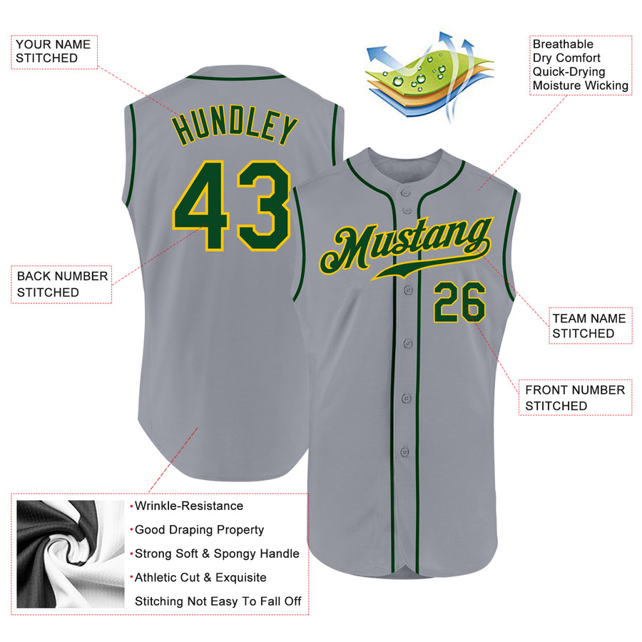 Custom Gray Green-Gold Authentic Sleeveless Baseball Jersey