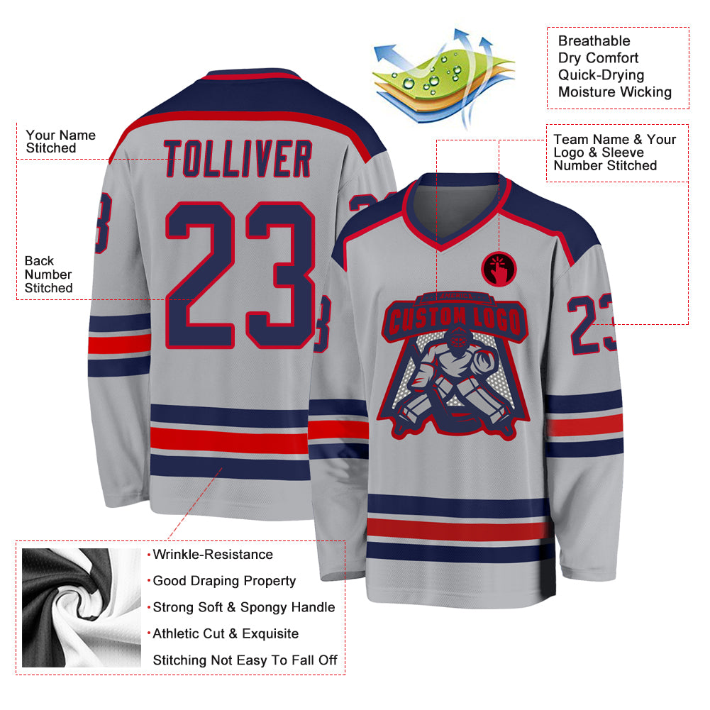 Custom Gray Navy-Red Hockey Jersey