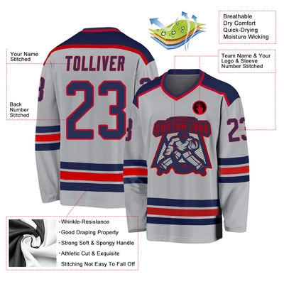 Custom Gray Navy-Red Hockey Jersey