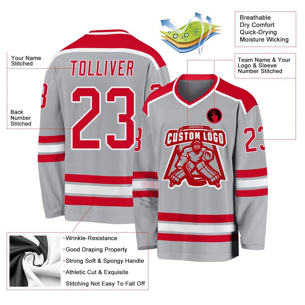 Custom Gray Red-White Hockey Jersey