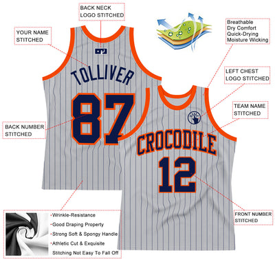 Custom Gray Navy Pinstripe Navy-Orange Authentic Basketball Jersey
