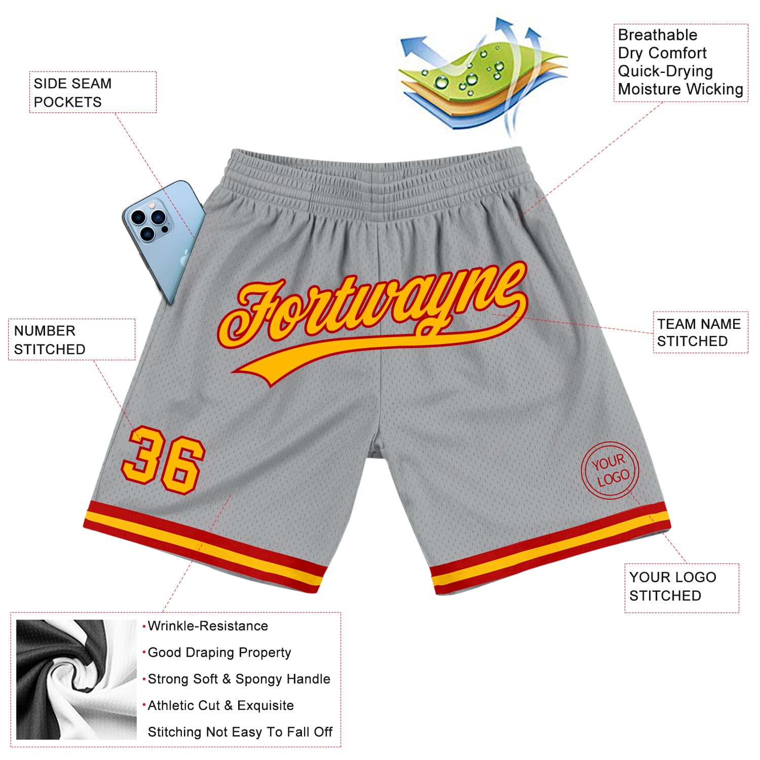 Custom Gray Basketball Shorts Gold-Red Authentic Throwback - FansIdea