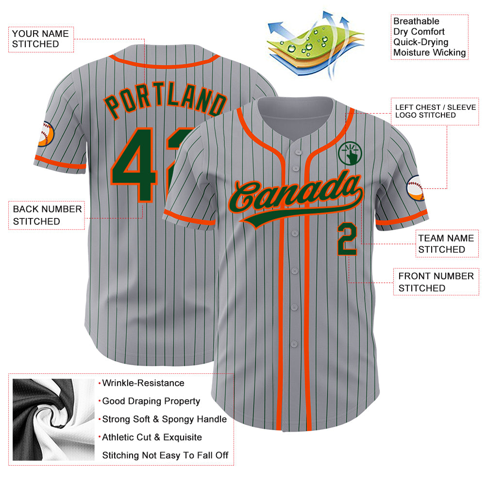 Custom Gray Green Pinstripe Orange Authentic Baseball Jersey