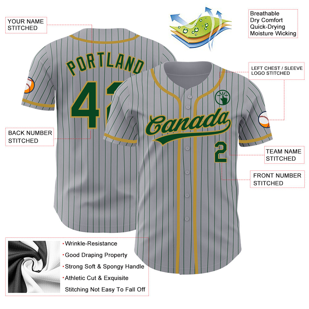 Custom Gray Green Pinstripe Old Gold Authentic Baseball Jersey