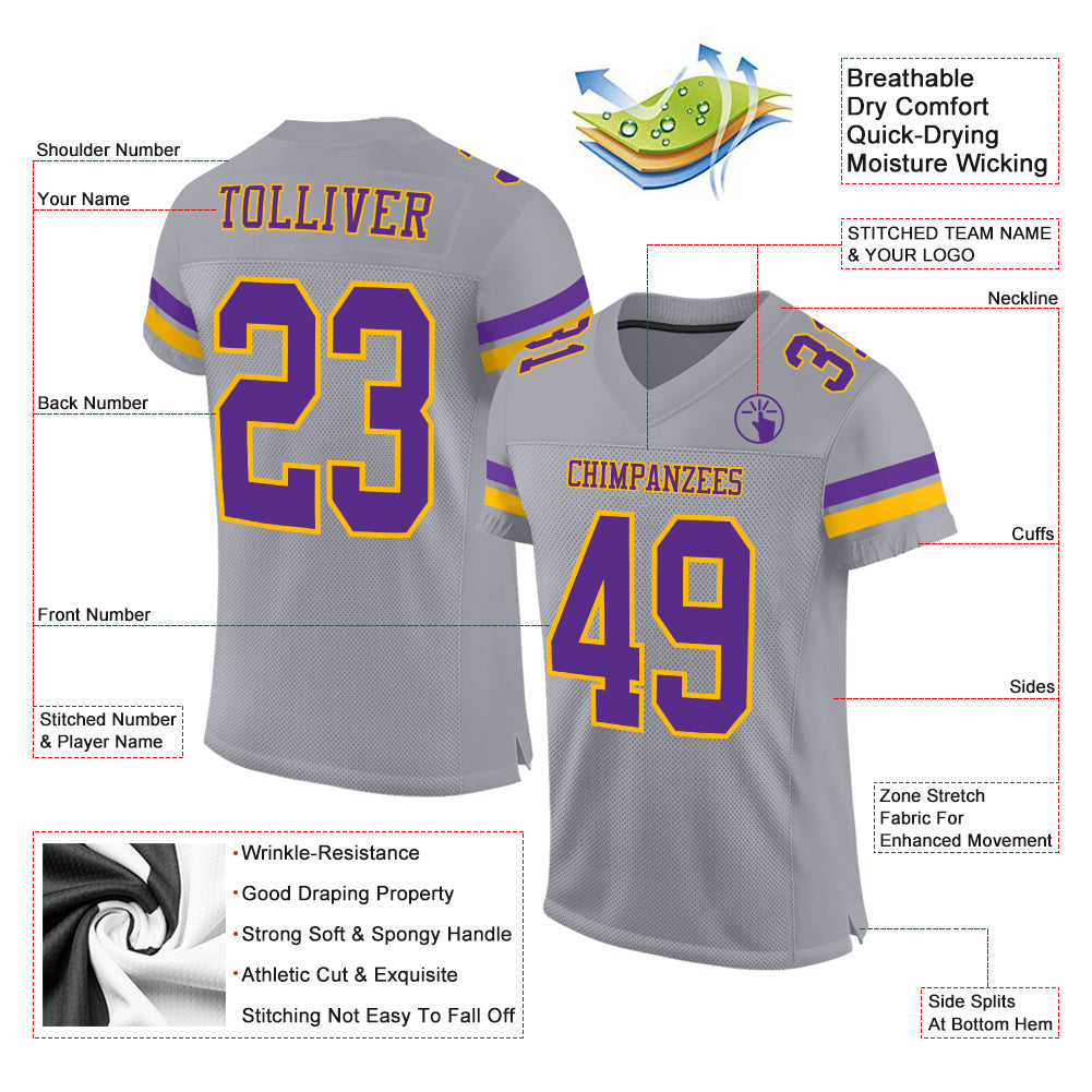 Custom Gray Purple-Gold Mesh Authentic Football Jersey