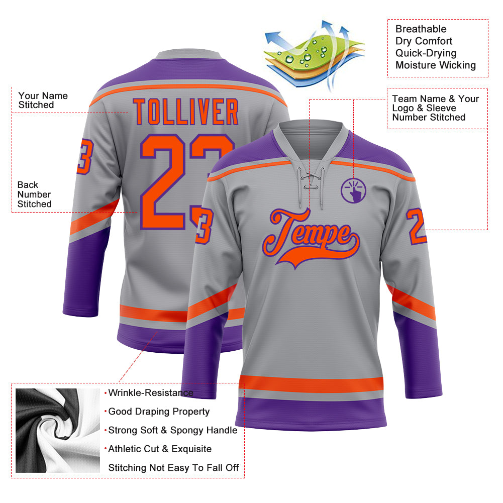 Custom Gray Orange-Purple Hockey Lace Neck Jersey