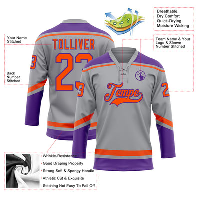 Custom Gray Orange-Purple Hockey Lace Neck Jersey