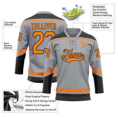 Custom Gray Bay Orange-Black Hockey Lace Neck Jersey