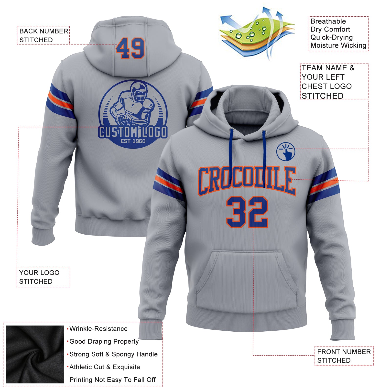 Custom Stitched Gray Royal-Orange Football Pullover Sweatshirt Hoodie
