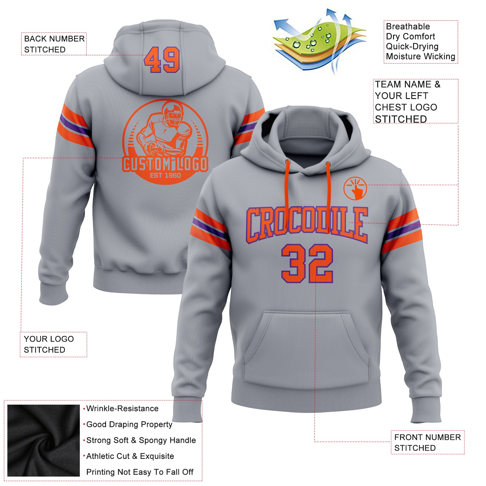 Custom Stitched Gray Orange-Purple Football Pullover Sweatshirt Hoodie