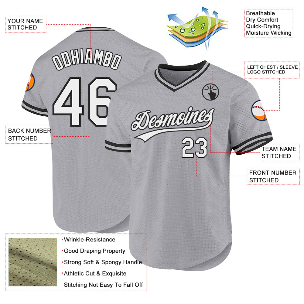 Custom Gray White-Black Authentic Throwback Baseball Jersey