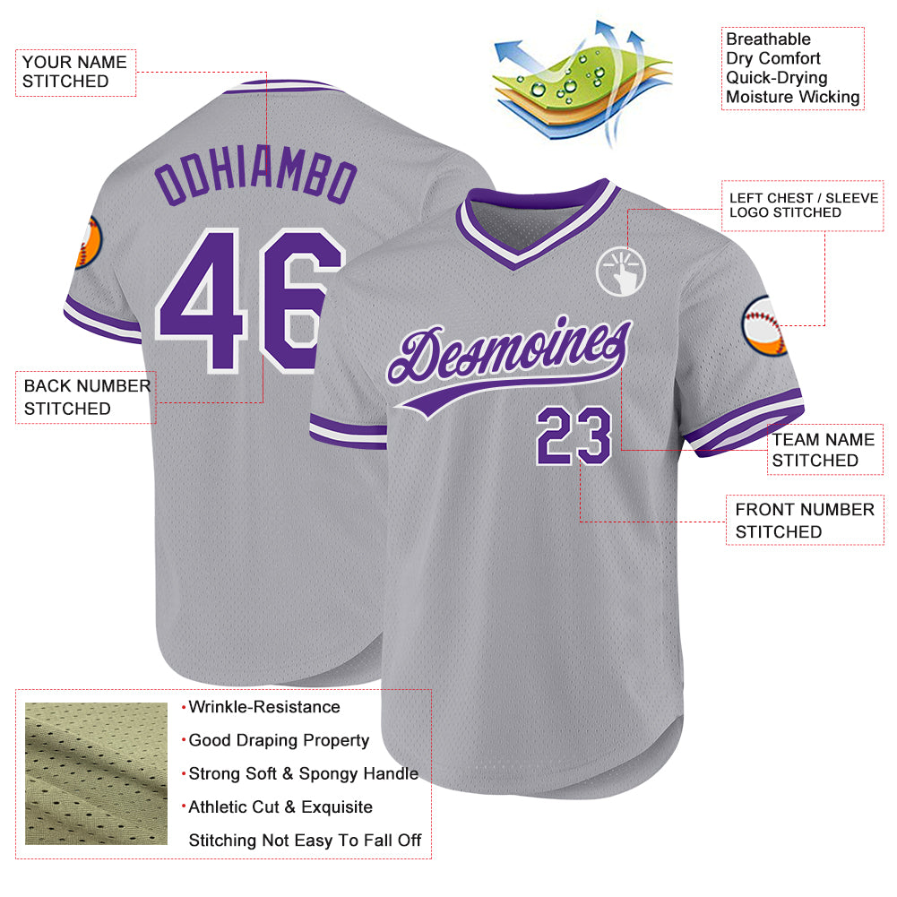 Custom Gray Purple-White Authentic Throwback Baseball Jersey