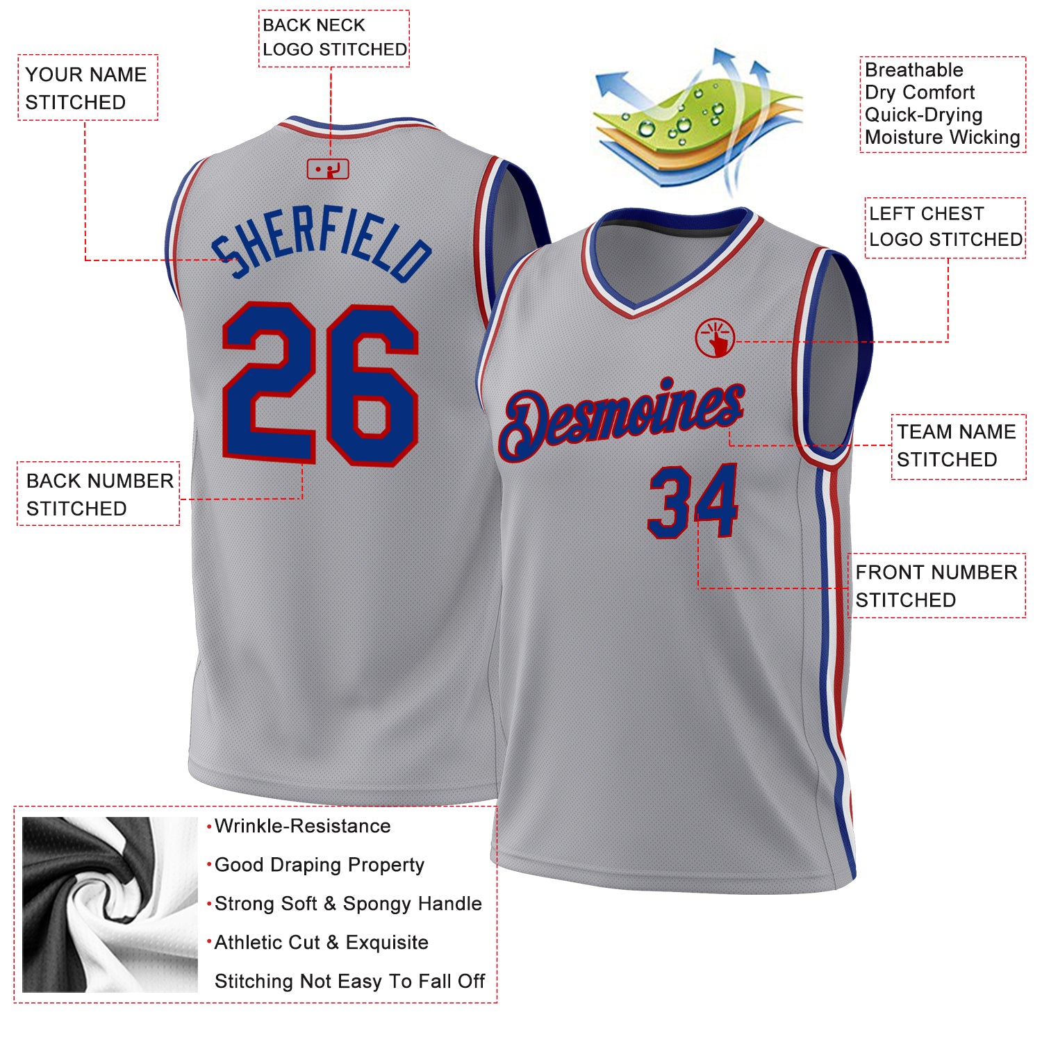 Custom Gray Royal-Red Authentic Throwback Basketball Jersey