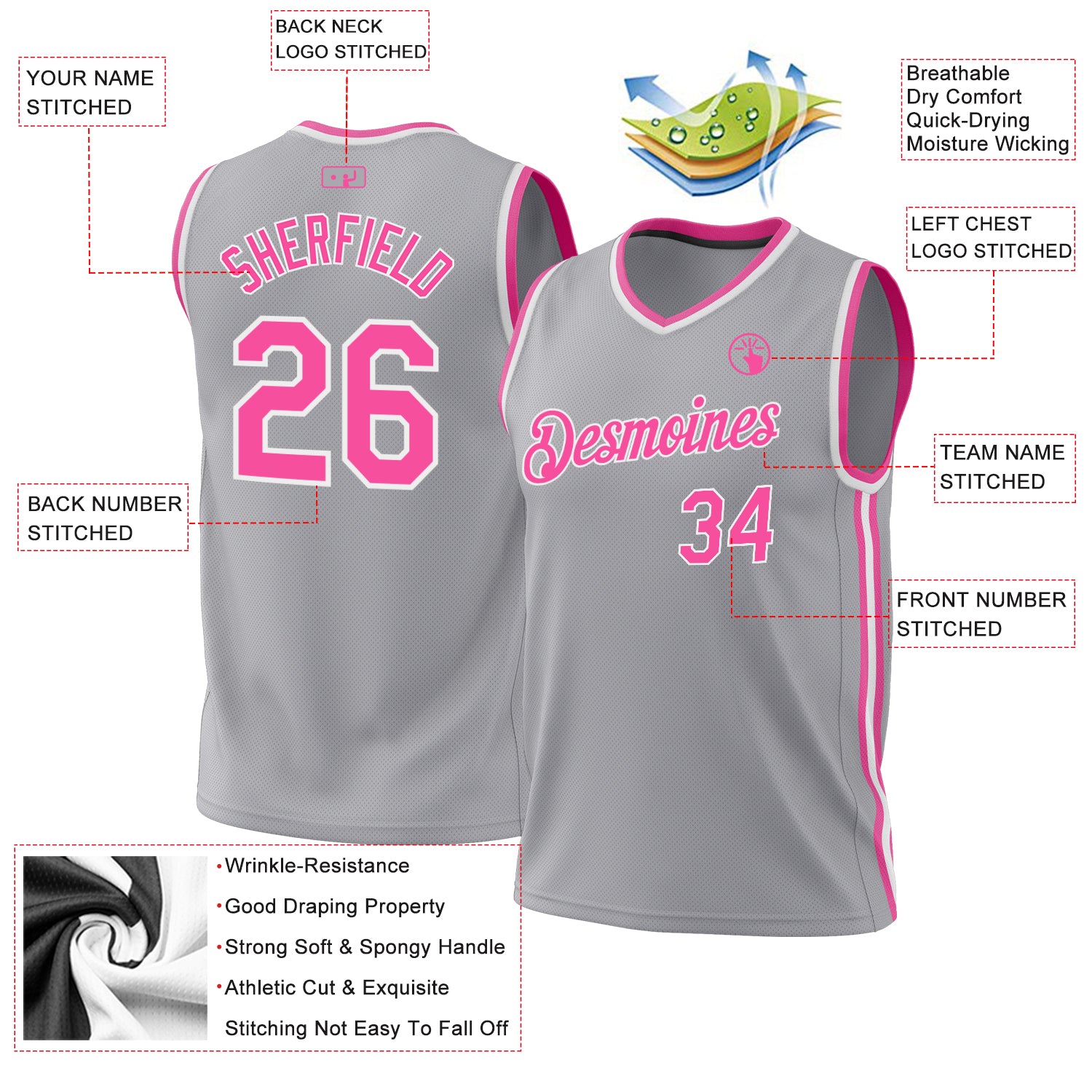 Custom Gray Pink-White Authentic Throwback Basketball Jersey
