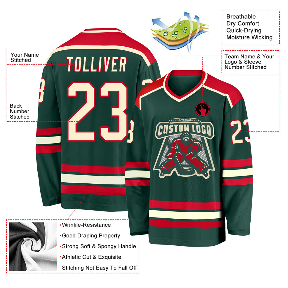 Custom Green Cream-Red Hockey Jersey