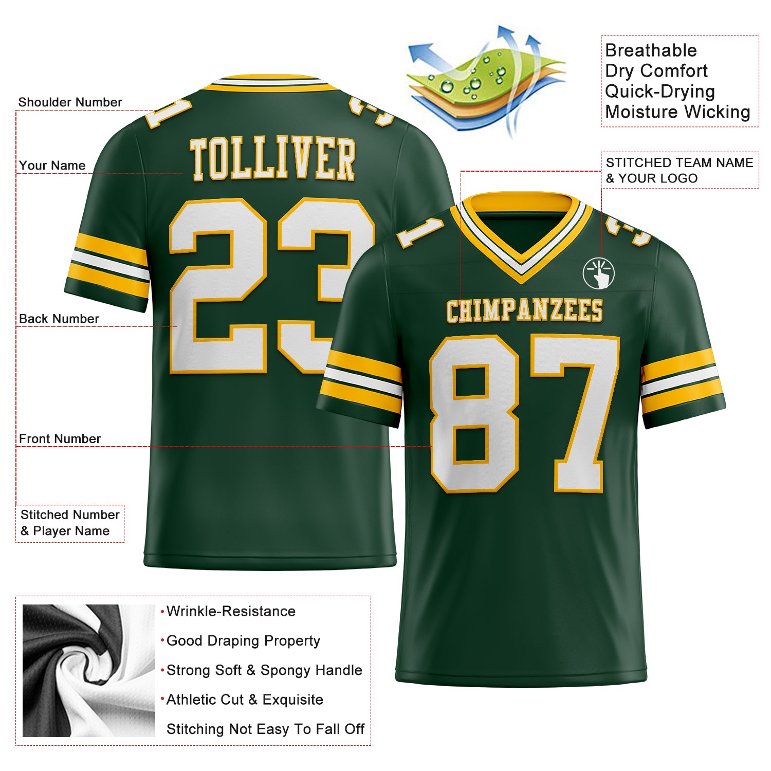 Custom Green White-Gold Authentic Football Jersey
