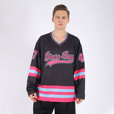 Custom Hockey Jersey Black Pink-Sky Blue Hockey Lace Neck Jersey Men's Size:3XL