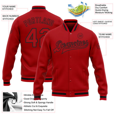Custom Red Red-Black Bomber Full-Snap Varsity Letterman Jacket