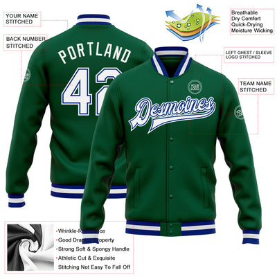 Custom Kelly Green White-Royal Bomber Full-Snap Varsity Letterman Jacket