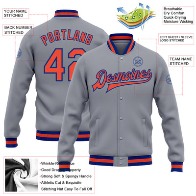 Custom Gray Orange-Royal Bomber Full-Snap Varsity Letterman Jacket