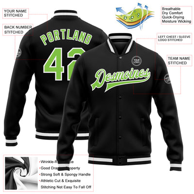 Custom Black Neon Green-White Bomber Full-Snap Varsity Letterman Jacket