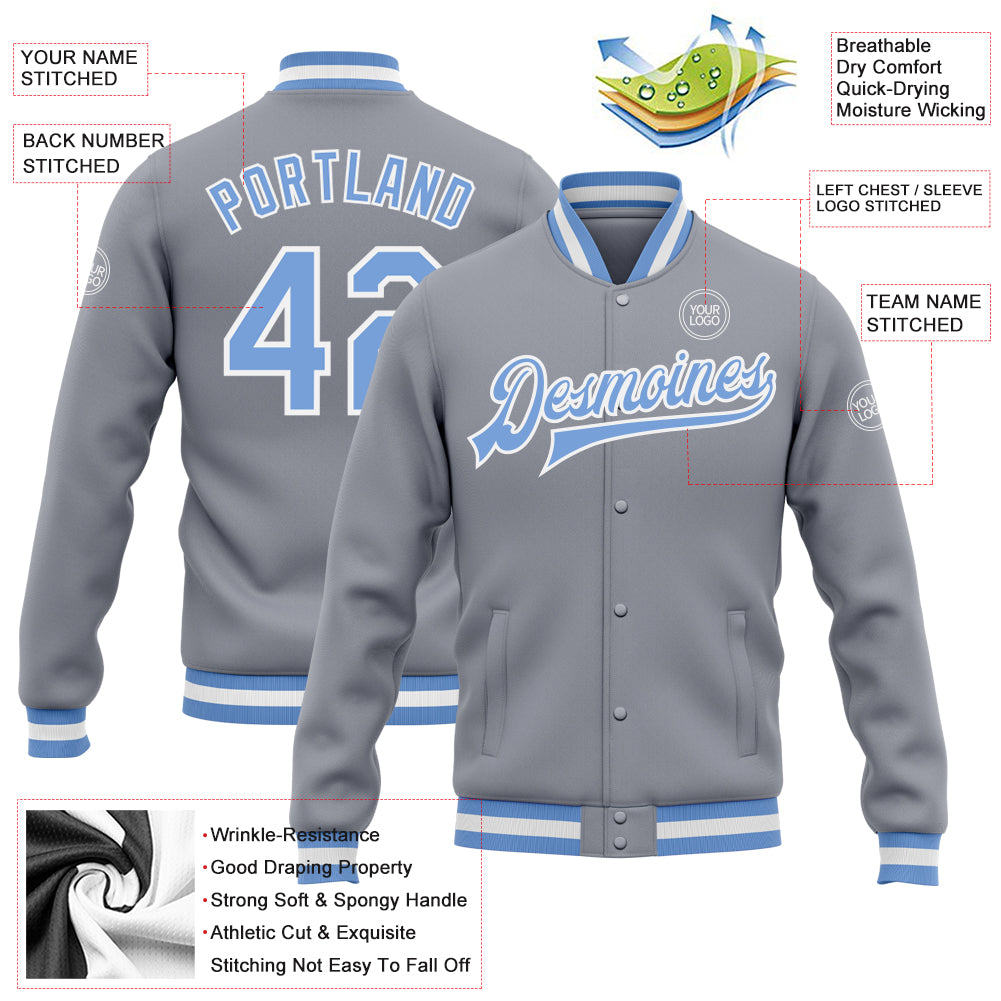 Custom Gray Light Blue-White Bomber Full-Snap Varsity Letterman Jacket