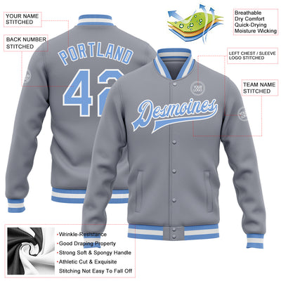 Custom Gray Light Blue-White Bomber Full-Snap Varsity Letterman Jacket