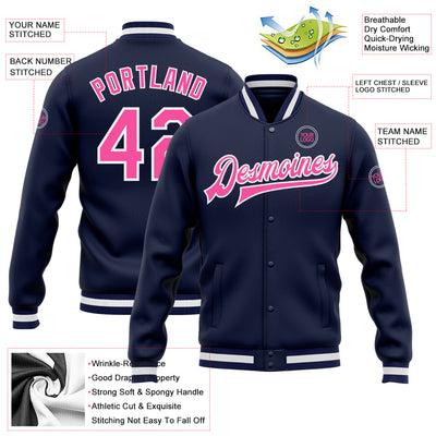 Custom Navy Pink-White Bomber Full-Snap Varsity Letterman Jacket