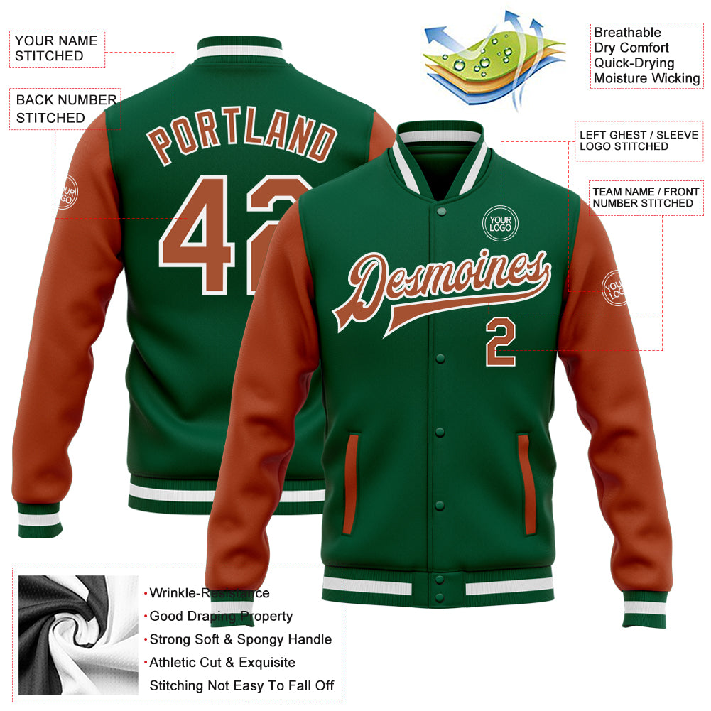 Custom Kelly Green Texas Orange-White Bomber Full-Snap Varsity Letterman Two Tone Jacket