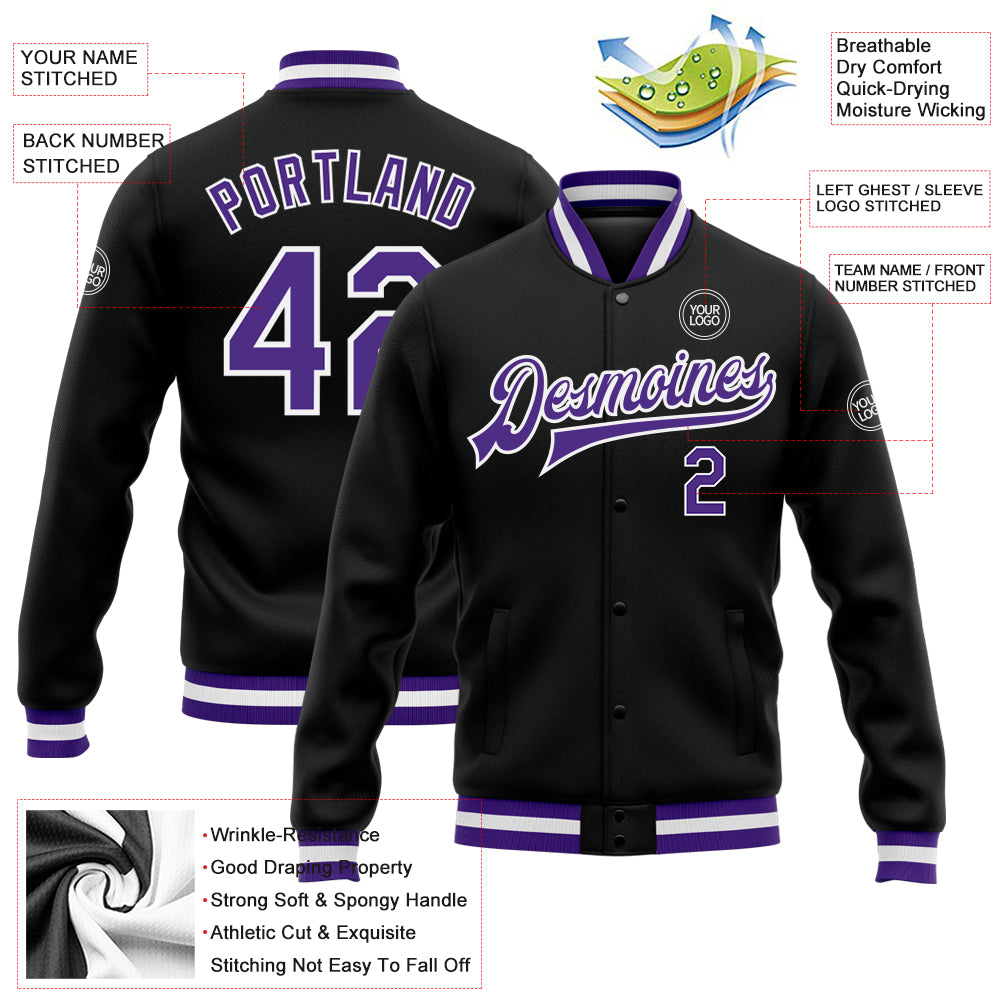 Custom Black Purple-White Bomber Full-Snap Varsity Letterman Jacket