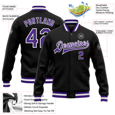 Custom Black Purple-White Bomber Full-Snap Varsity Letterman Jacket