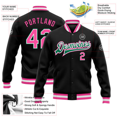 Custom Black Pink-Kelly Green Bomber Full-Snap Varsity Letterman Jacket