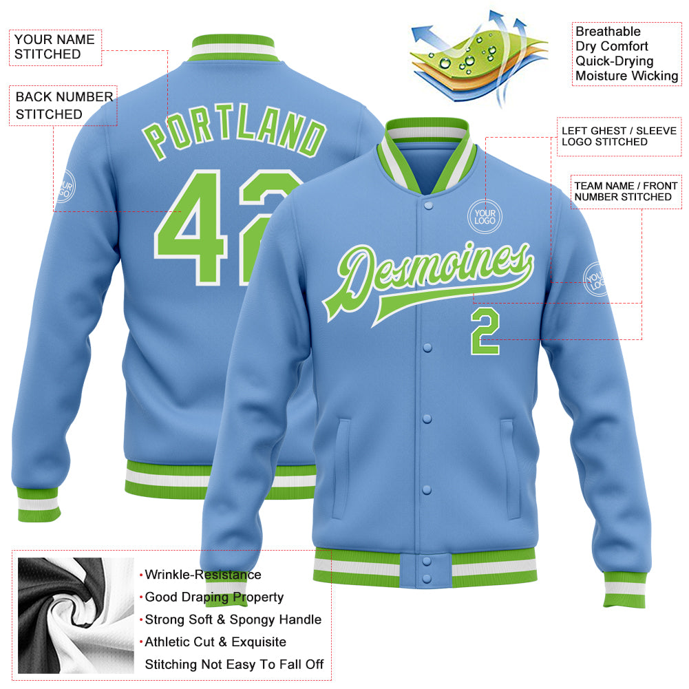 Custom Light Blue Neon Green-White Bomber Full-Snap Varsity Letterman Jacket