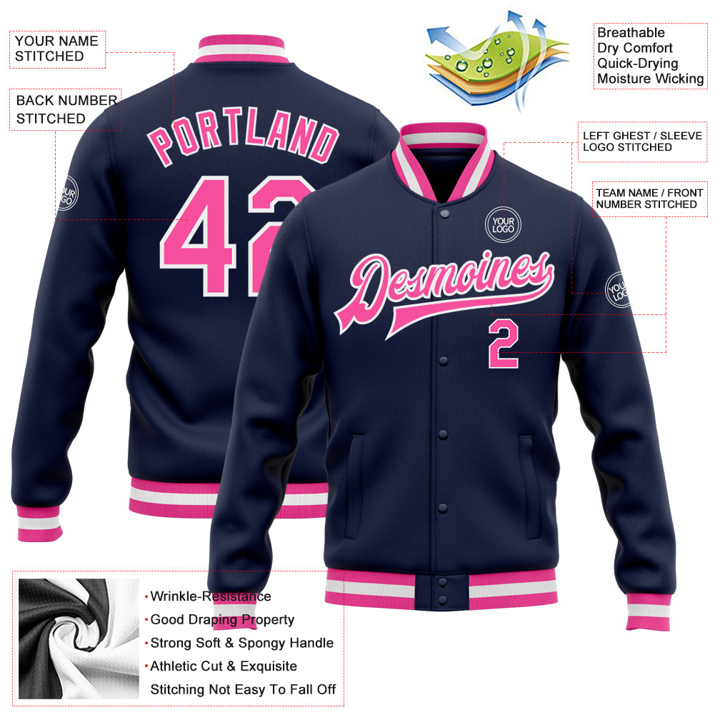 Custom Navy Pink-White Bomber Full-Snap Varsity Letterman Jacket