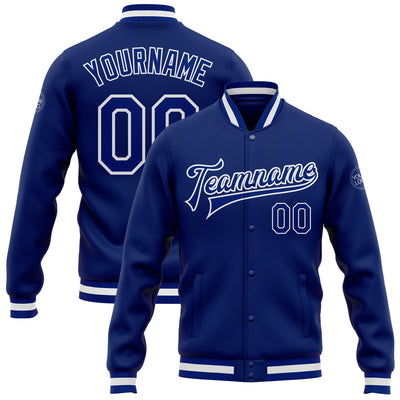 Custom Royal Royal-White Bomber Full-Snap Varsity Letterman Jacket
