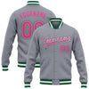 Custom Gray Pink-Kelly Green Bomber Full-Snap Varsity Letterman Jacket