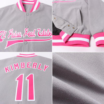 Custom Gray Pink-White Bomber Full-Snap Varsity Letterman Jacket