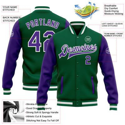 Custom Kelly Green Purple-White Bomber Full-Snap Varsity Letterman Two Tone Jacket