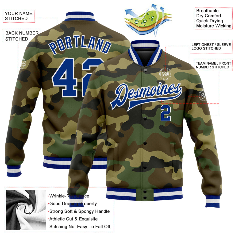 Custom Camo Royal-White Bomber Full-Snap Varsity Letterman Salute To Service Jacket