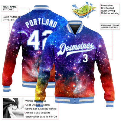 Custom Galactic White-Light Blue 3D Bomber Full-Snap Varsity Letterman Jacket