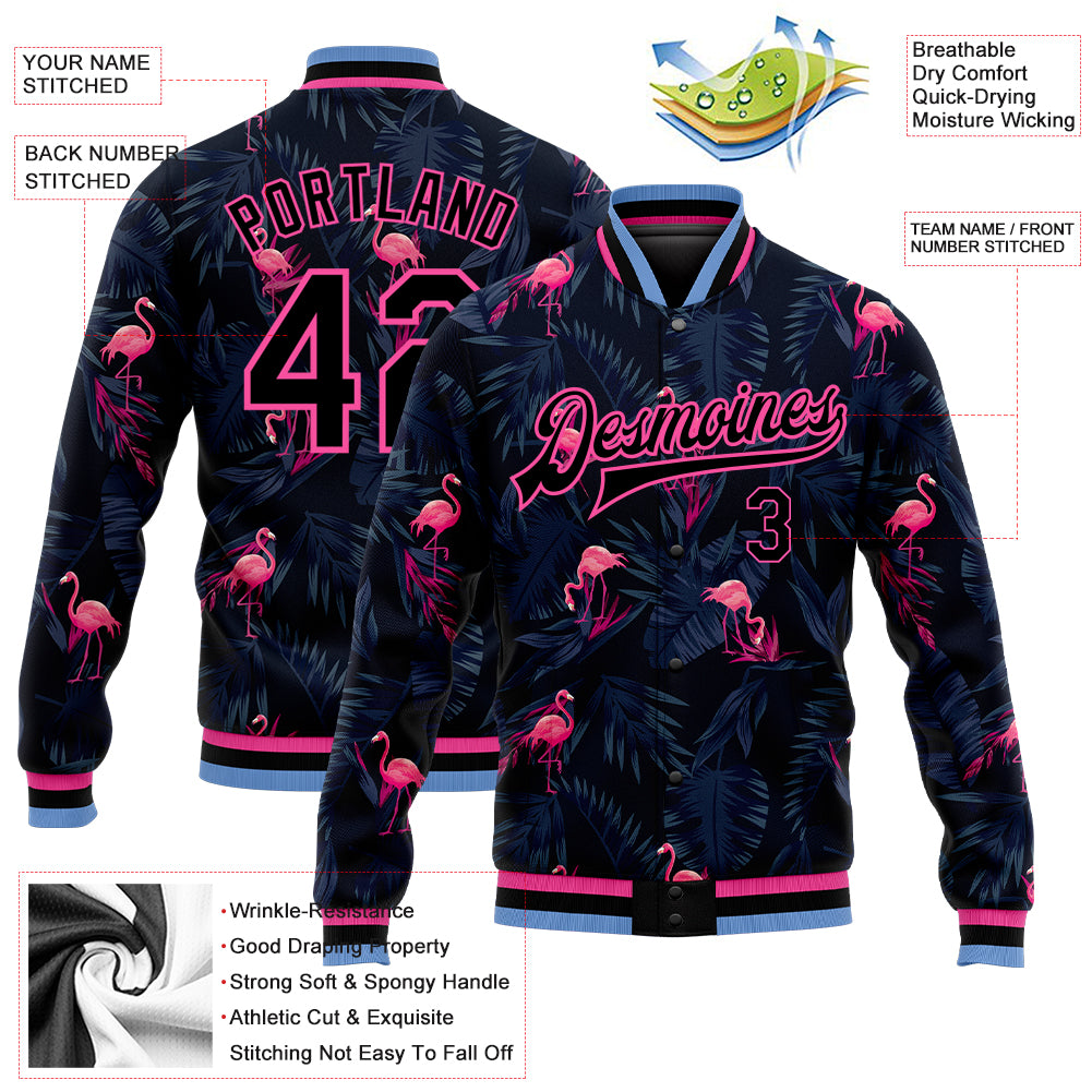 Custom Black Black Pink-Light Blue Hawaii Palm Trees And Flamingo 3D Bomber Full-Snap Varsity Letterman Jacket