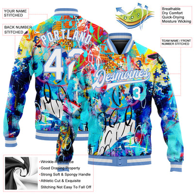 Custom Graffiti Pattern White-Light Blue Abstract 3D Bomber Full-Snap Varsity Letterman Jacket
