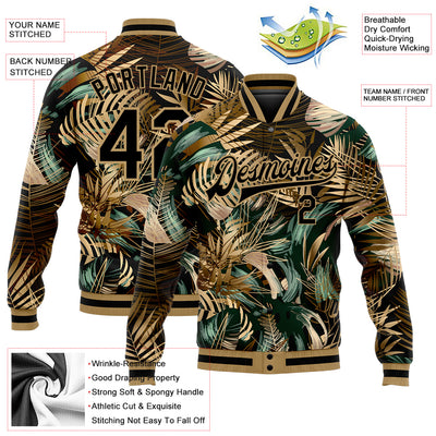 Custom Black Black-Old Gold Hawaii Palm Trees 3D Pattern Design Bomber Full-Snap Varsity Letterman Jacket
