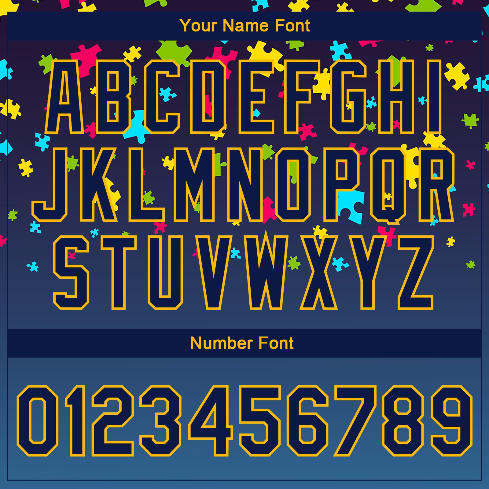 Custom Autism Awareness Puzzle Pieces Navy-Gold 3D Bomber Full-Snap Varsity Letterman Jacket