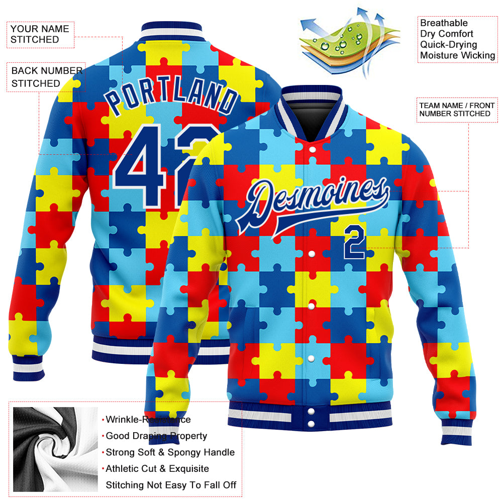 Custom Autism Awareness Puzzle Pieces Royal-White 3D Bomber Full-Snap Varsity Letterman Jacket