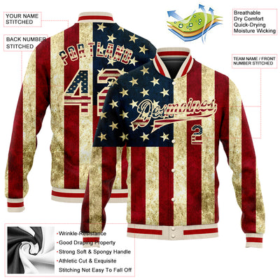 Custom Cream Vintage USA Flag-Red American Flag Fashion 3D Bomber Full-Snap Varsity Letterman Jacket