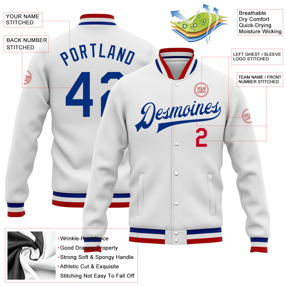 Custom White Royal-Red Bomber Full-Snap Varsity Letterman Jacket