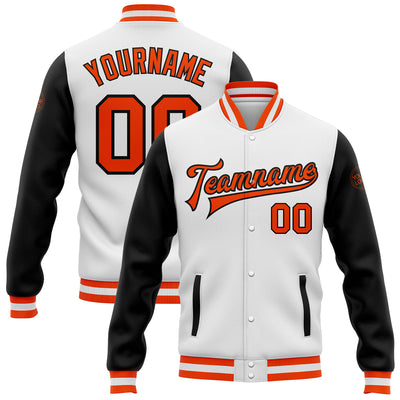 Custom White Orange-Black Bomber Full-Snap Varsity Letterman Two Tone Jacket