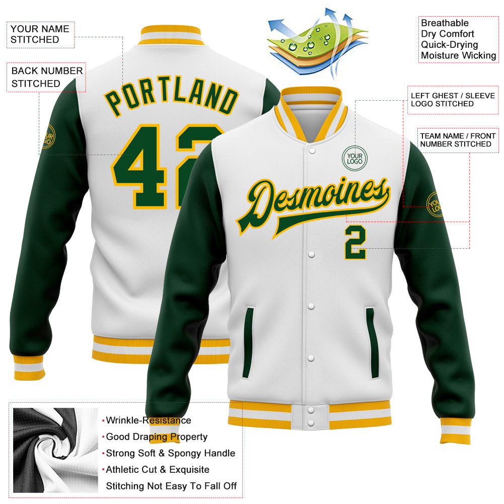 Custom White Green-Gold Bomber Full-Snap Varsity Letterman Two Tone Jacket